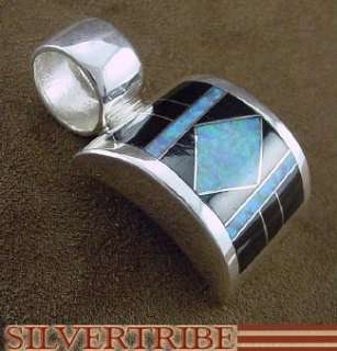 Sterling Silver Jet & Created Blue Opal Inlay Pendant  