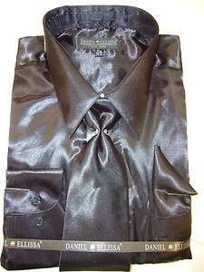 New Mens Shiny Black Satin Dress Shirt, Tie & Hanky  