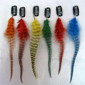 Real Feather Grizzly Hair Clip in Extension Dyed Yellow Red Blue Green 