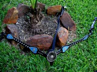 LEATHER Breast collar CRYSTALS BLING TURQUOISE BLACK  