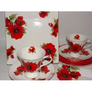    Red Poppy Square Dessert Plate Fine Porcelain: Kitchen & Dining