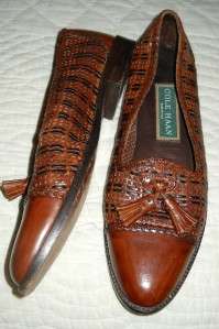 COLE HAAN Italy Gorgeous Brown & Black Woven Leather Tassel Loafers 