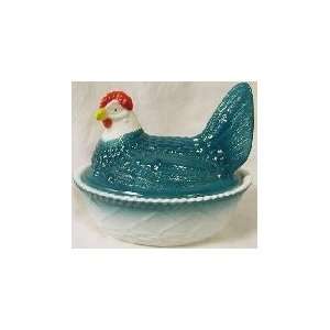  5 Glass Painted Teal Chicken on Basket Covered Bowl 