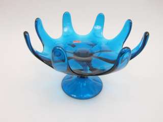  Blue Viking Art Glass Fruit Bowl Mid Century Modern w/ Label  