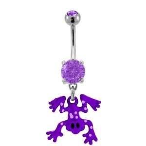 Purple Cute Hoppy Freddy Frog Dangle Belly navel Ring piercing bar 