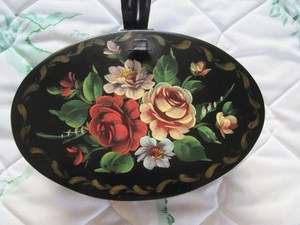   Oval Vintage Black Hand Painted Tole Silent Butler Crumb Catcher Tray