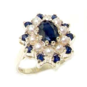  Solid White Gold Natural Sapphire & Pearl 3 Tier Large Cluster Ring 