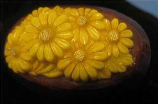 Vintage, deeply carved, daisies in plastic on wood brooch  rare book 