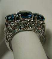 7ct 3 Stone Blue Sapphire Sterling Silver 925 Filigree Cocktail Ring 