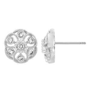  Rosalbas CZ Vintage Flower Stud Earrings Silver Tone Pair 