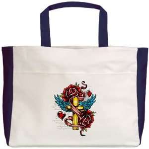  Beach Tote Navy Roses Cross Hearts And Angel Wings 