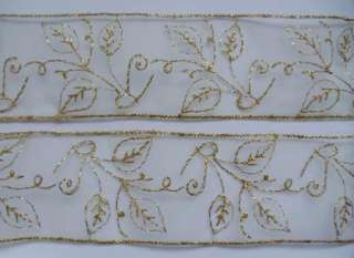 Metallic Gold Embroidered Flowers Organza Lace Trim 2 Yards 