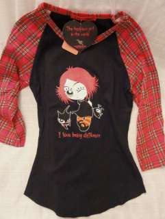 RUBY GLOOM I LOVE BEING DIFFERENT Black Tee with Red Plaid Raglan 