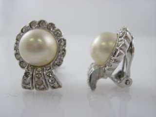  are bidding on MARVELLA Silver Tone Crystal Faux Pearl Clip Earrings 