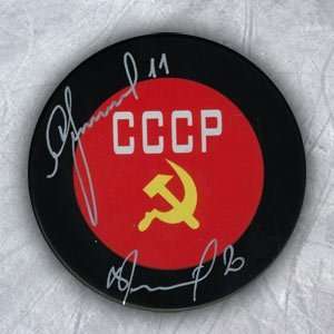  IGOR LARIONOV USSR DUAL SIGNED Olympic Hockey Puck Sports