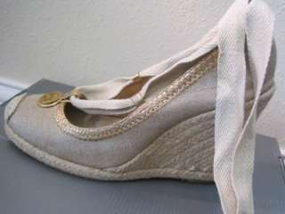 METALLIC GOLD LINEN & LEATHER, AUTHENTIC TORY BURCH ESPADRILLE WEDGE 