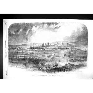  1852 Birds eye view Inundation Oxford England River Floods 