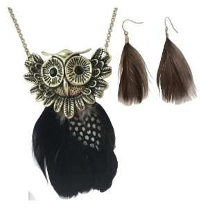 Retro Vintage Brass Owl Pendant Necklace with Feather Body & Earring 