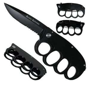  Knuckle Duster Extreme Folding Knife   Black Serrated 