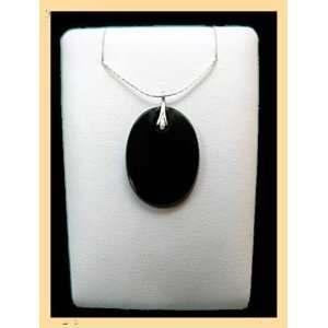   Round Flat Onyx Pendant 925 Silver Chain Necklace 