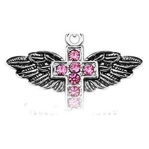   Navel Ring with Paved Pink Gem Cross on Angelic Wings Dangle: Jewelry