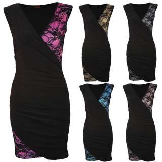LADIES CROSSOVER RUCHED DETAIL LACE PANEL MINI PARTY DRESS SEXY WOMENS 