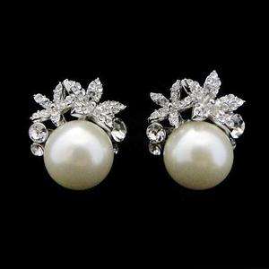 Bridal Floral Faux Pearl Stud Earring Swarovski Crystal  