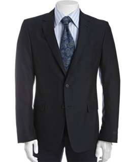 Prada navy wool cotton 2 button suit with flat front pants
