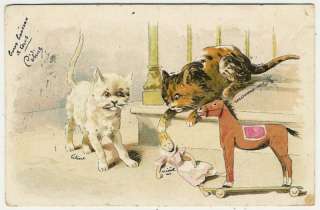 Cats, Cat Playing with Toys, comic old postcard  