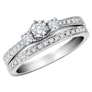  Three Stone Diamond Engagement Ring & Wedding Band Set 1/2 