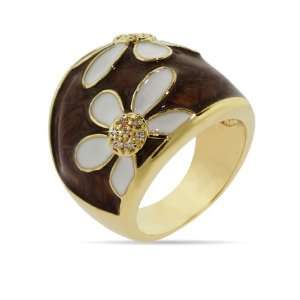  Gold Daisy Ring with White and Brown Enamel Size 9 (Sizes 