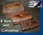 Wood Boxes New Set Celestial Brass Inlay Floral Hand Carved Sun Moon 