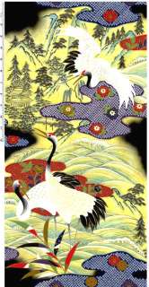 Magnificent Cranes 12 Art Treasures Asian Fabric BLACK  