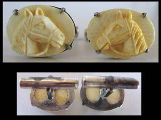   STERLING SILVER & CARVED FAUX IVORY HORSE HEAD CUFFLINKS  