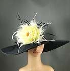   Kentucky Derby BLACK Hat Feathers Wide Brim Dress Wedding Tea Party