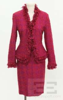 Escada Black Label 2pc Fuchsia Tweed Fringe Trim Jacket & Skirt Suit 