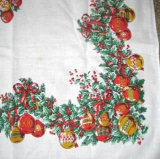 Vintage Christmas Ornaments & Holly Tablecloth 51 x 66  