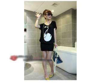 Women korea swan loose top T shirts mini dress BLK Q541  