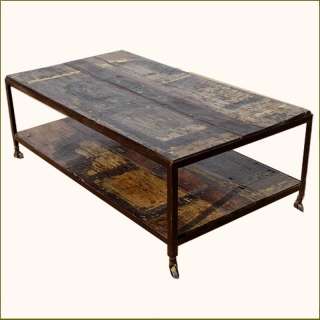   Iron Weathered Distressed Two Tier Coffee Table on Rollers NEW  