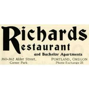  1904 Ad Richards Restaurant Bachelor Portland Oregon 