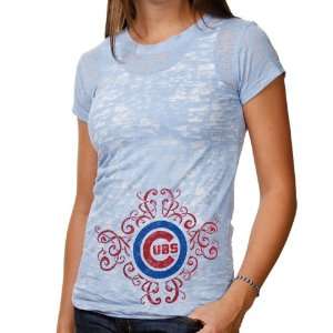  Chicago Cubs Ladies Scroll Burnout Premium Crew T shirt 