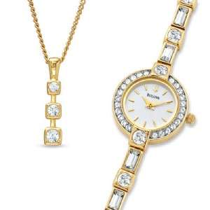NEW Bulova Crystal Accent Golden Bracelet Watch Pendant SET 98X106 