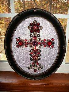 Vintage Ruby Red Garnet Rhinestone Jewelry Christmas Tree Framed Cross 