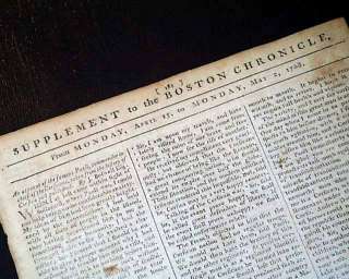 Rare 1768 Old Newspaper COLONIAL BOSTON MA New England  