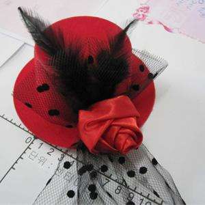 NEW mini hat fascinator RED flower n veil hair clip  
