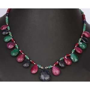Faceted Gemstone Necklace (Blue Sapphire, Ruby and Emerald)   Sterling 