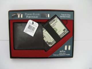 Mens Perry Ellis Portfolio 2 in 1 Bi Fold ID Wallet Dark Brown Genuine 