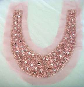 1Pc Pink Tulle Round Collar Yoke Neckline Applique w/ Silver Beads 