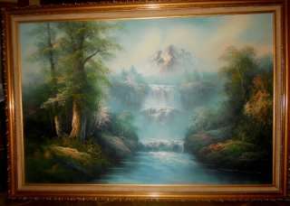 VTG GESSO FRAME MOUNTAIN WATERFALL OIL CANVAS PAINTING  
