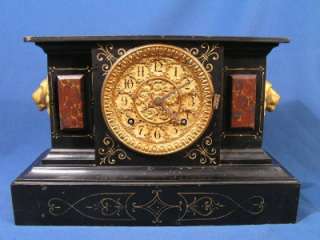 Antique 1882 ANSONIA Black Metal Brass Face Mantel Clock  
